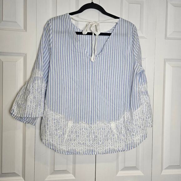 Allison Andrews 3/4 Bell Sleeve Lace Blue and White Striped Medium Sailor - Picture 2 of 9